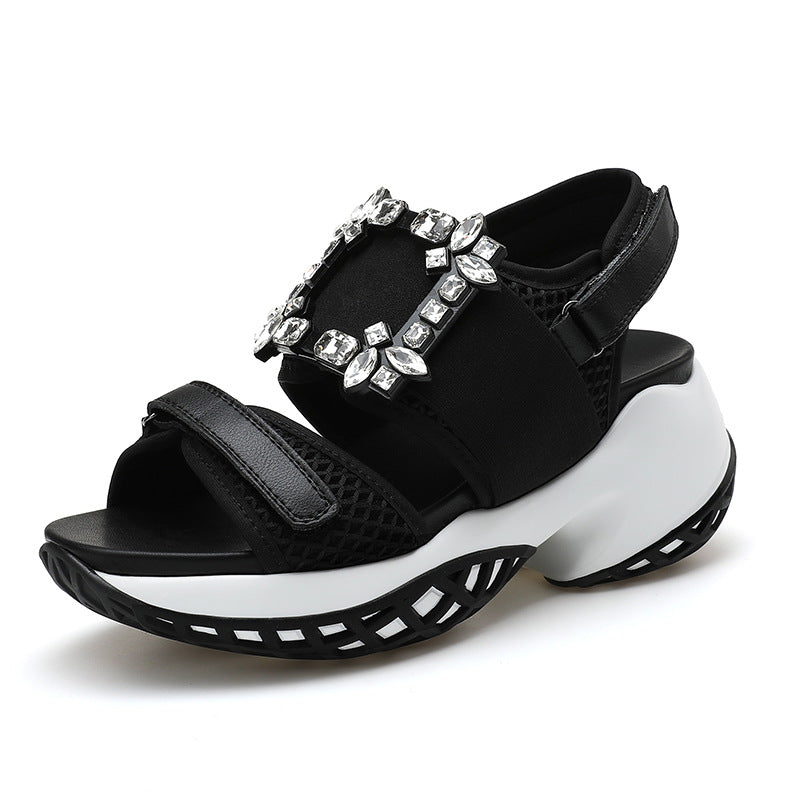 Women's Summer Rhinestone Square Buckle Platform Velcro Sandals