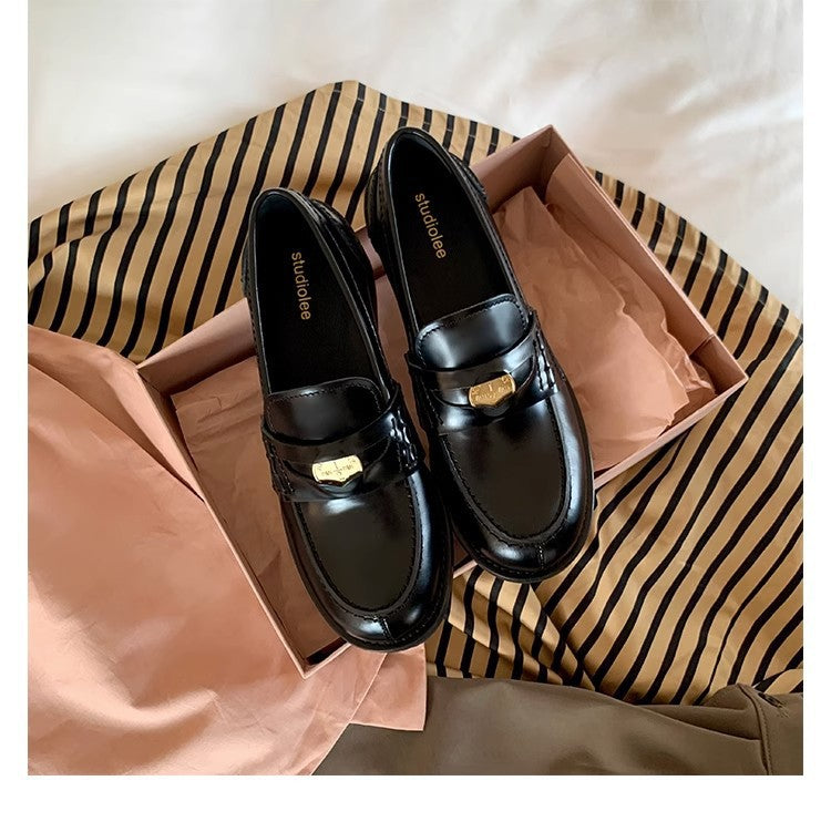 Women's Round Head Thick Bottom Retro Rub Colored Small Gold Loafers