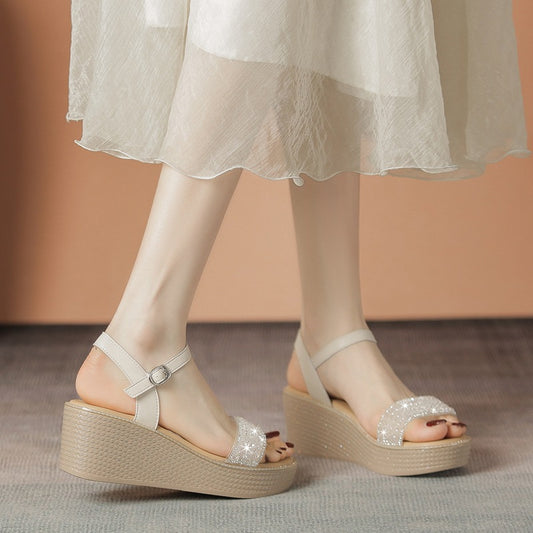 Women's Rhinestones High Summer Outer Wear Thick Bottom Small Height Sandals