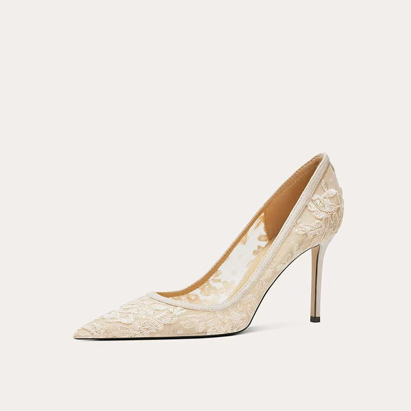 Women's Breathable Hollow Out Pumps Fairy Pointed Toe Nude Color Thin Women's Fashion Shoes