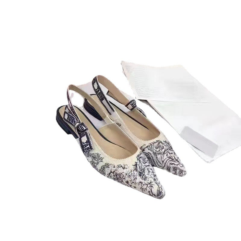 Women's Embroidered Strap Stiletto Pointed Toe Slingback Heels