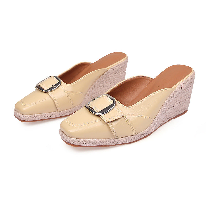Women's Toe Wedge Closed Buckle High Platform Straw Woven Slippers