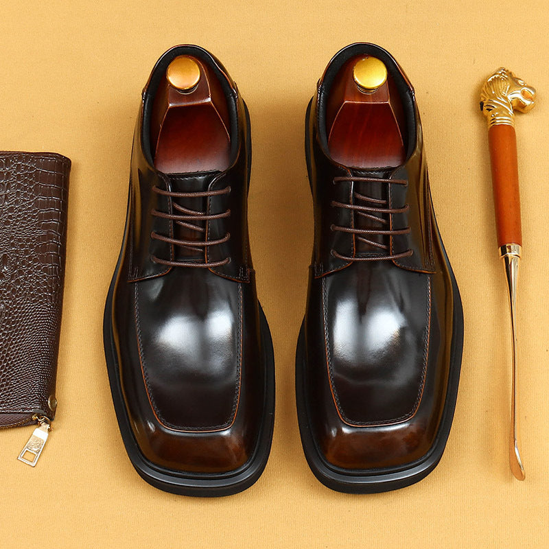 Men's Shiny Square Toe Platform British Patent Leather Shoes
