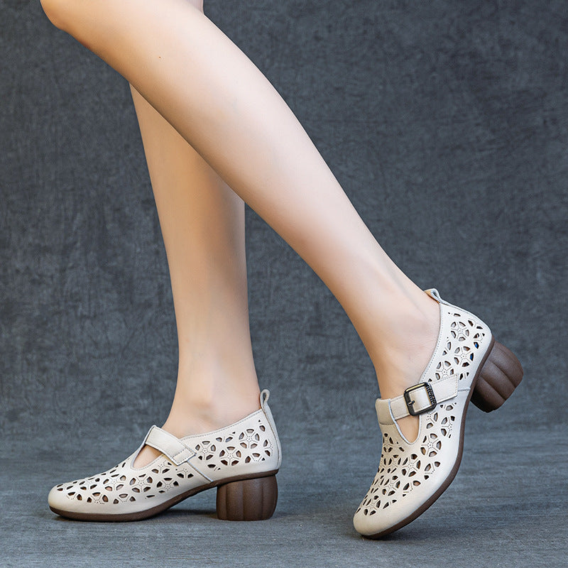 Women's Soft Bottom Punching Top Layer Cowhide Round Heels