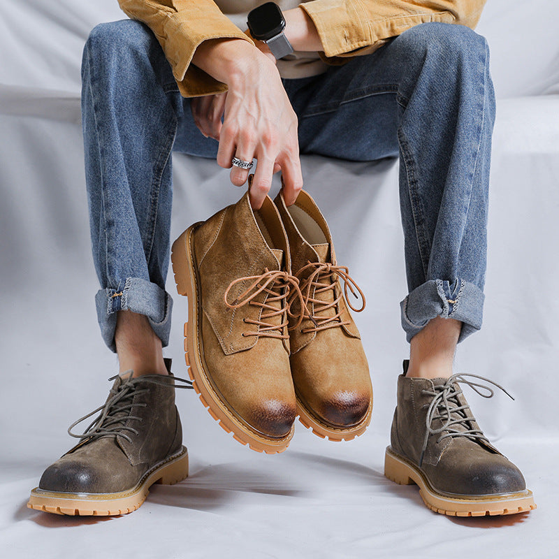 Men's Green Round Head Pigskin Thick Bottom Fashion Boots