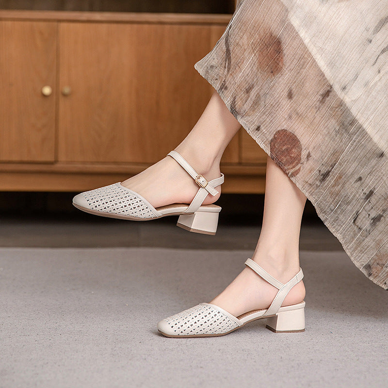 Women's Cowhide Handmade Genuine Woven Hollowed Buckle Mid Toe Women's Shoes