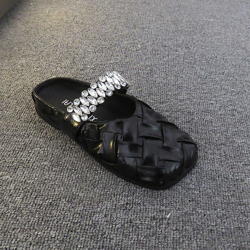 Rhinestone Relief Sole Outer Wear Woven Slippers