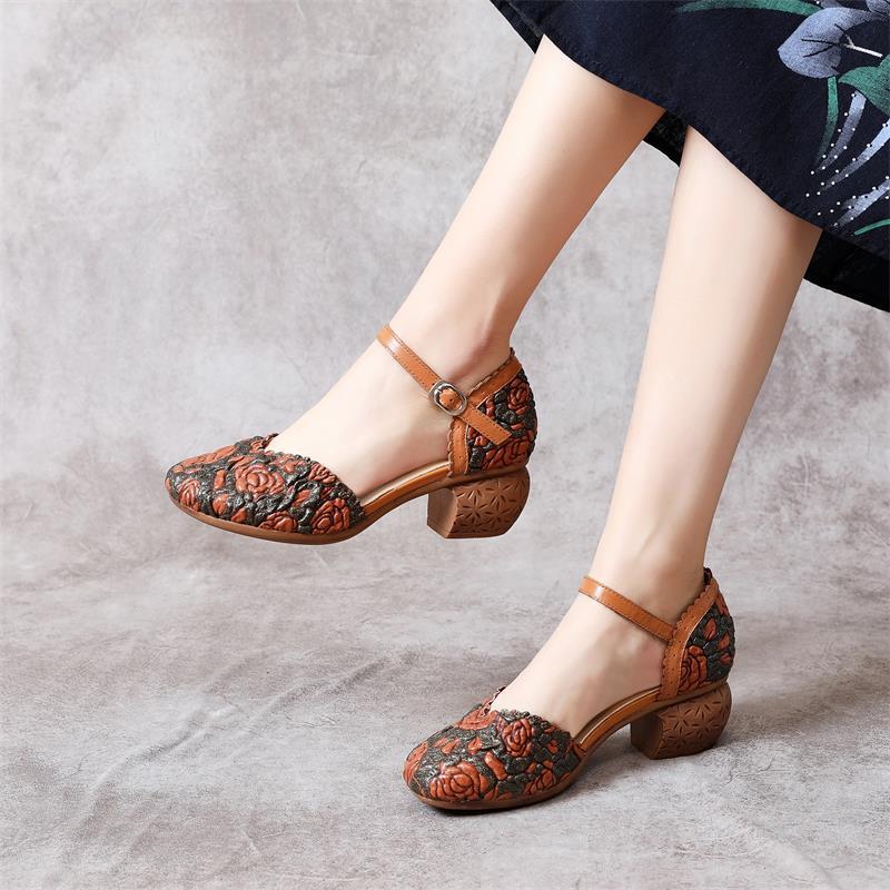 Women's First Layer Cowhide Thick Mid Multicolor Heels