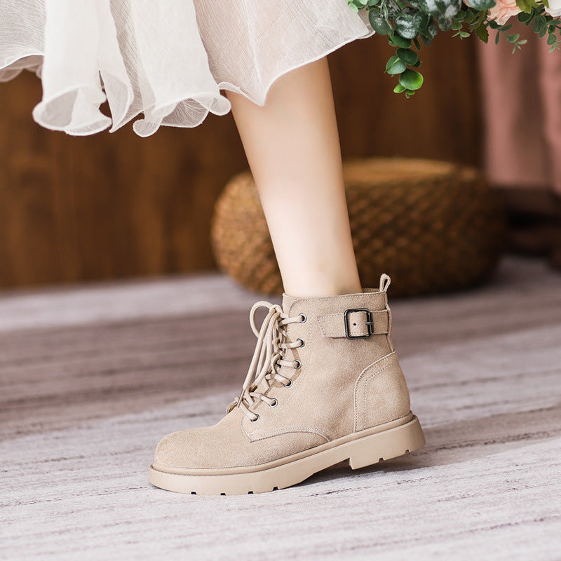 Women's Genuine British Style Frosted Mid Flat Short Boots