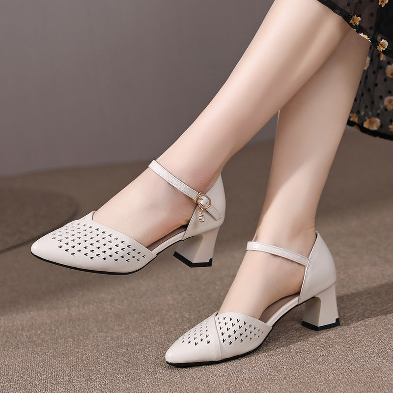 Women's Summer Middle Chunky Buckle Hollowed Plus Heels