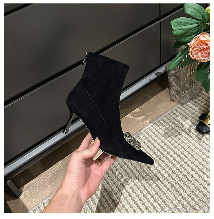 Women's Ankle Rhinestone Square Buckle Stiletto Stretch Thin Boots