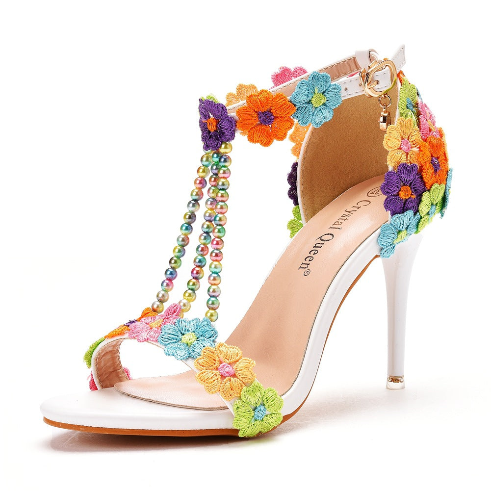 Wedding Buckle Lace Beaded Stiletto Open Sandals