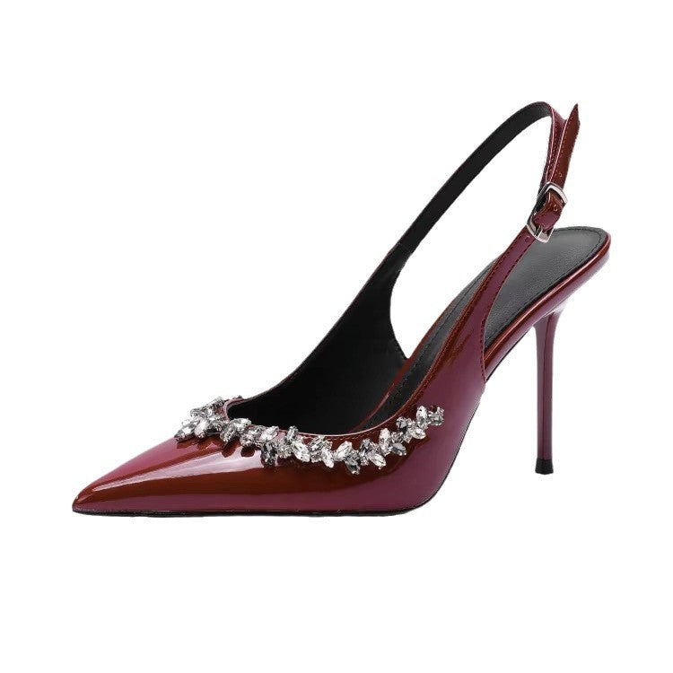 Women's Toe Slingback Black Chain Rhinestone High Stiletto Pointed Heels