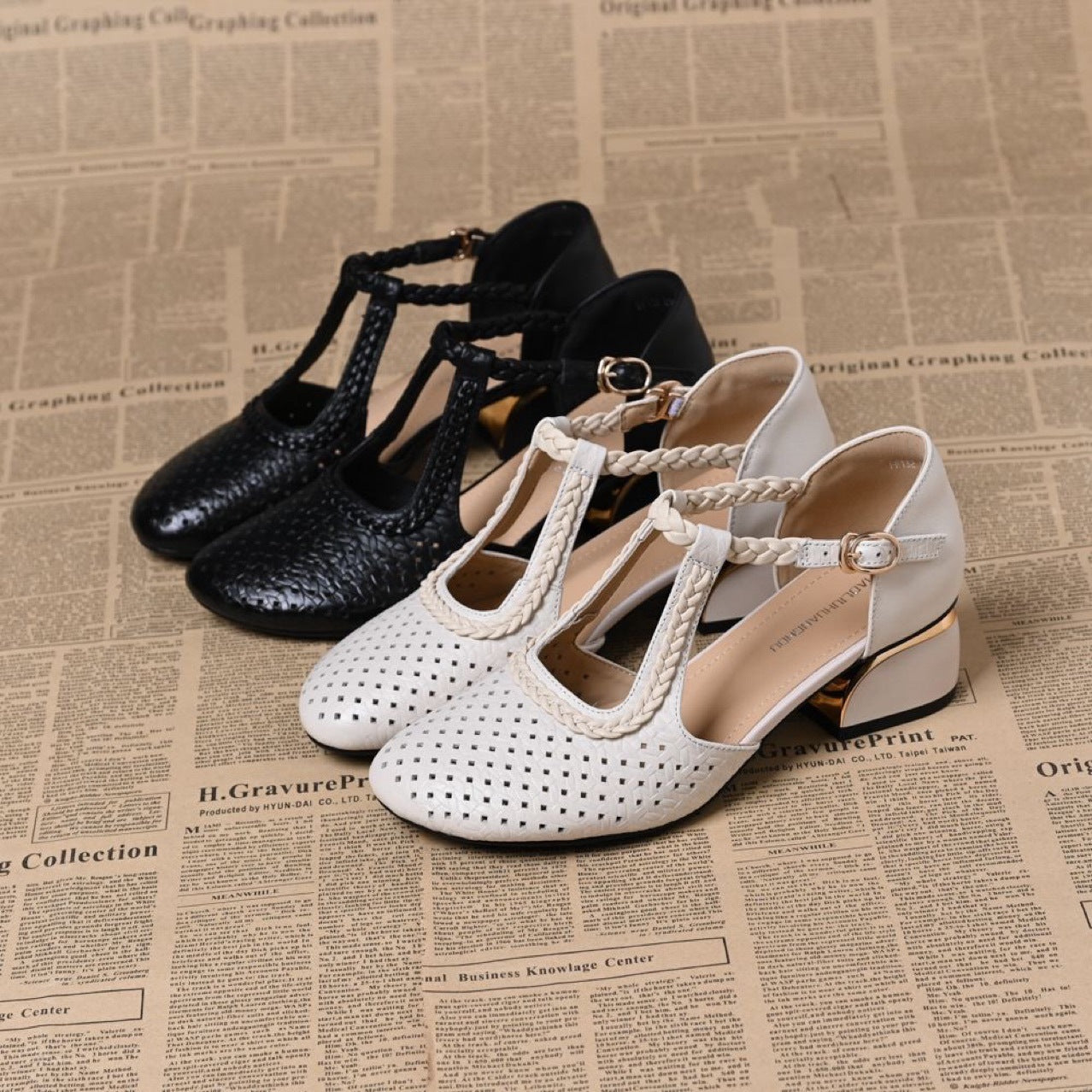 Summer Weaving Hollow Round Toe Low-cut Chunky Soft Bottom Heels