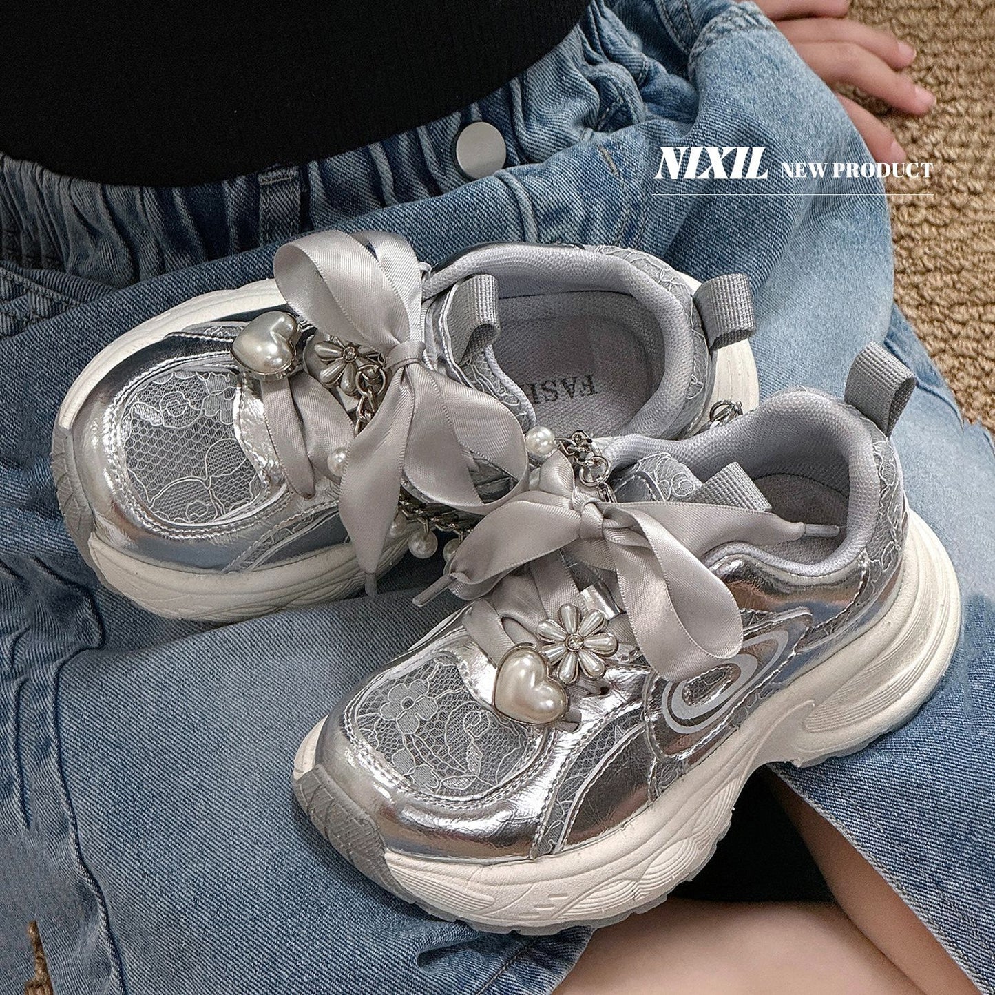 Dad Pearl Lace Screen Sier Chain Kid's Sneakers