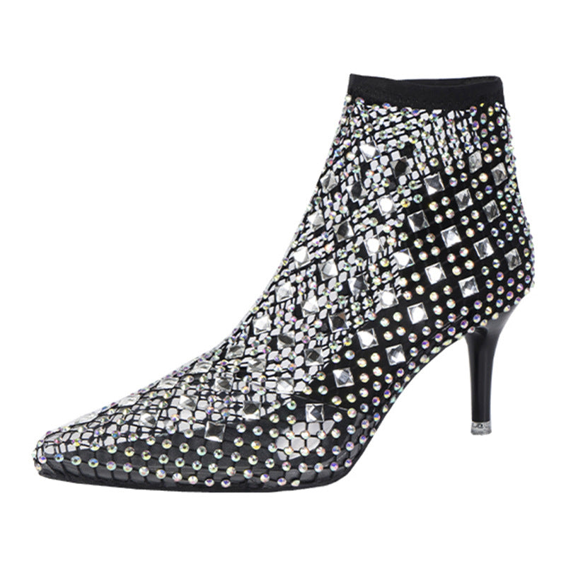 Women's Sexy Chuck Stiletto Mesh Stockings Hollow Rhinestone Transparent Heels
