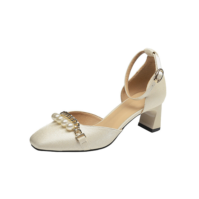 Women's Style Closed Toe Chunky Summer Pearl Square Hollow Heels