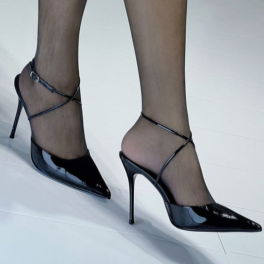 Women's Temperament Black Sexy Closed Toe Cross Heels
