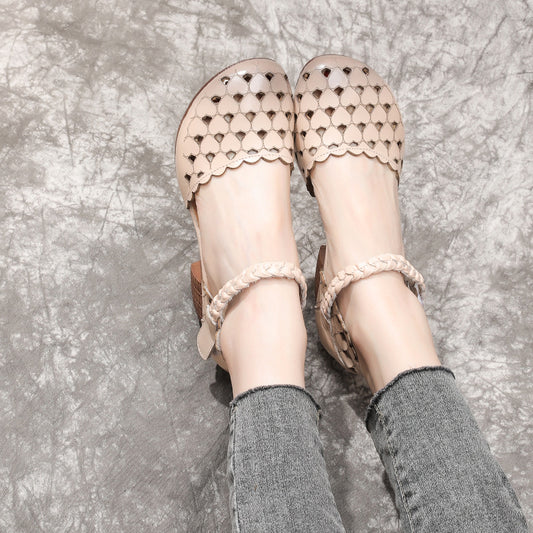Women's Hollowed Heart Punch-hole Thick Mid Soft Heels