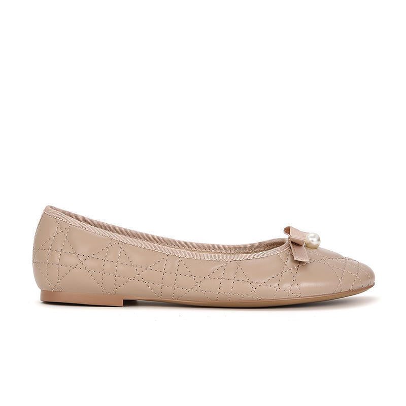 Su Miss Pearl Bow Lambskin Rhombus Flat Pumps Women's Shoes