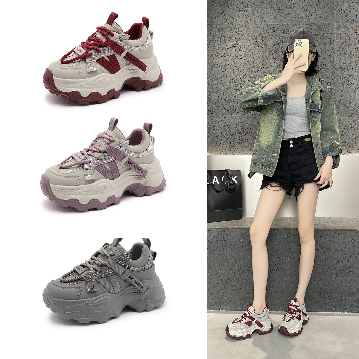 Women's Spring Rhinestone Platform Dad Height Increasing Women's Casual Shoes