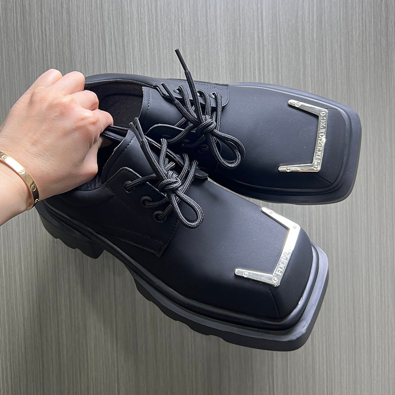 Men's Spring Muffin Bottom Platform Square Head Derby British Style Retro Men's Casual Leather Shoes