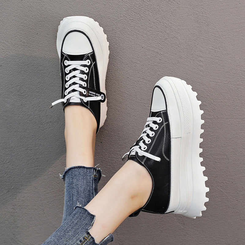 Women's Cowhide Low-cut White Thick Bottom Increased Spring Women's Casual Shoes