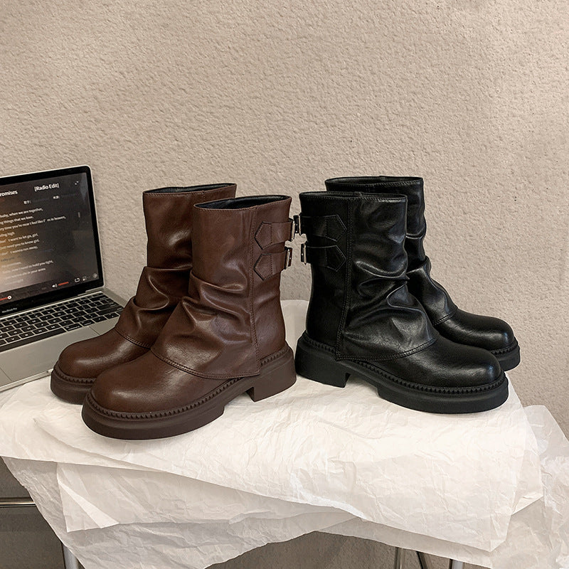 Women's Thick Bottom Increased Pleated Pile Fleece-lined Boots