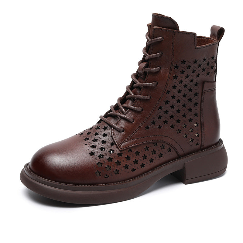 Women's Layer Cowhide Hollow Ankle Retro British Boots