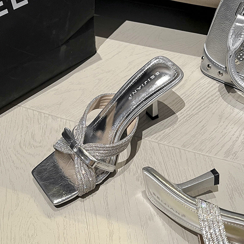 Women's Rhinestone Bow Temperament Square Toe Open Heels