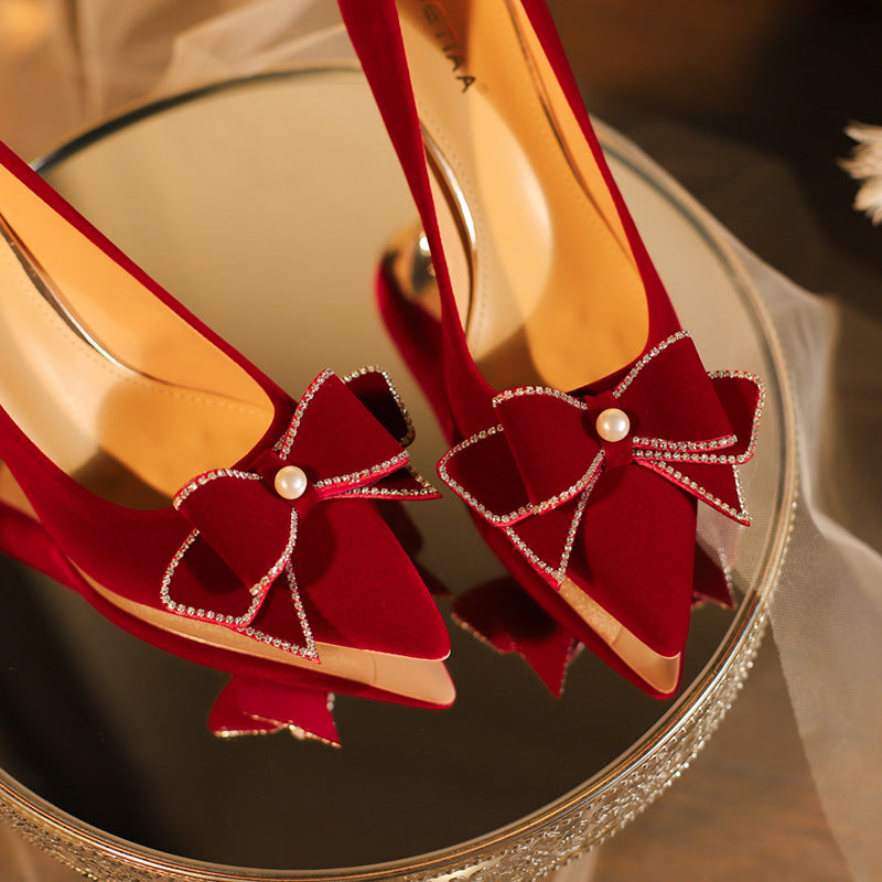 Red High Stiletto Wedding Bow Toast Not Tired Feet Heels