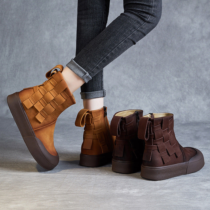 Women's Cowhide Woven Short Soft Bottom Vintage Boots