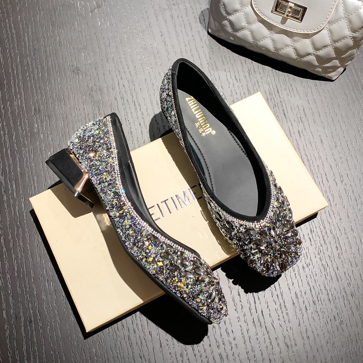 Women's Soft Bottom Mid Full Diamond Pumps Rhinestone Low-cut Heels