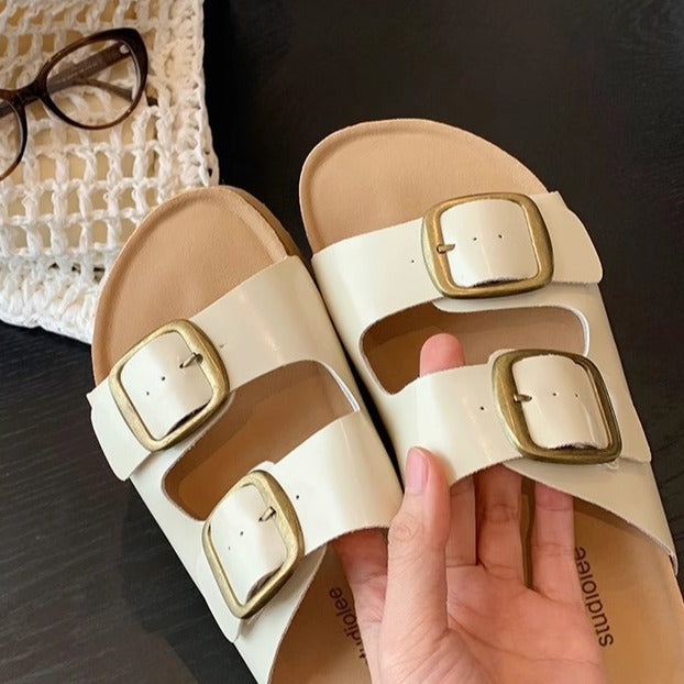 Women's Double Buckle With Outer Wear Thick Bottom Increased Beach Slippers