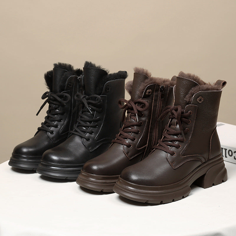 Women's Sheepskin Fur Integrated Thickened Cowhide Platform Snow Boots