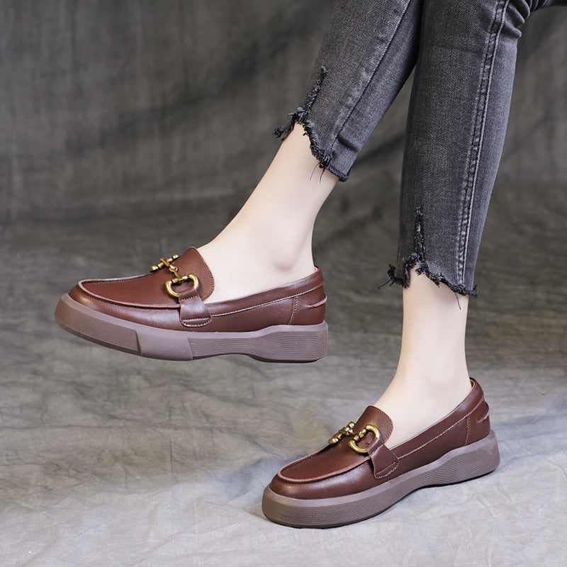Women's Large Size Flat Bottom Pumps Rubber Soft Retro Leather Shoes