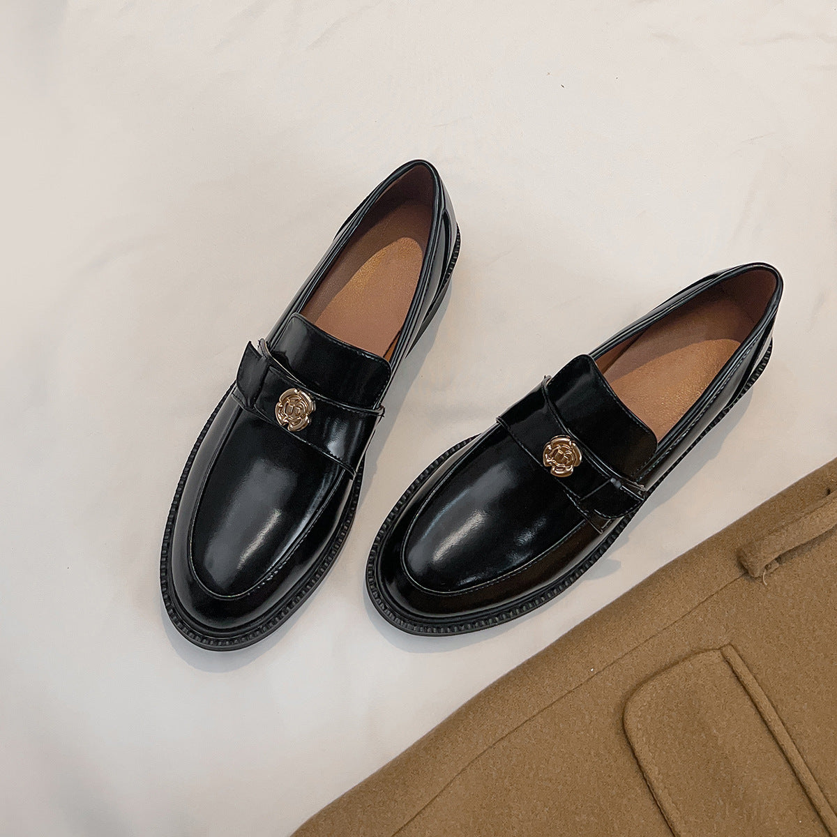 Women's Gold Buckle Round Head Slip-on Thick With Loafers