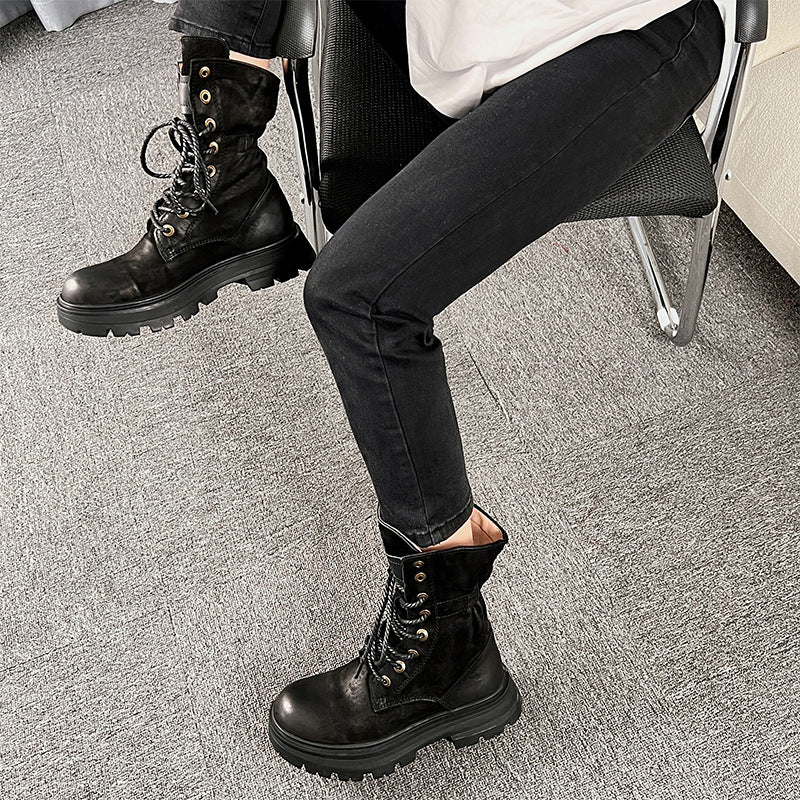 Women's British Style Lace Up Thick Bottom Boots