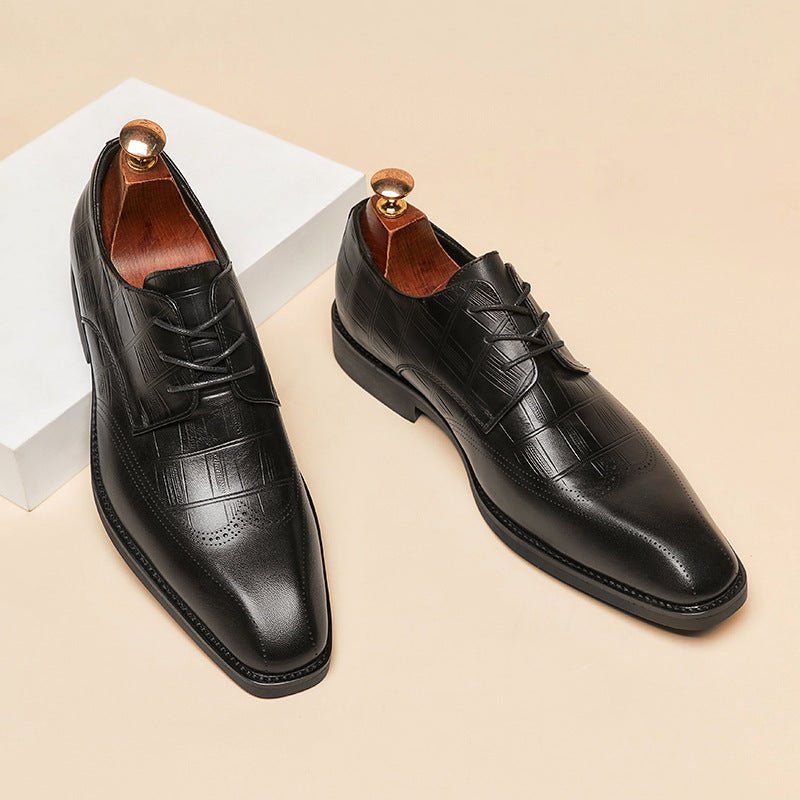 Men's Genuine Square Toe Brogue Derby First Layer Cowhide Business Leather Shoes