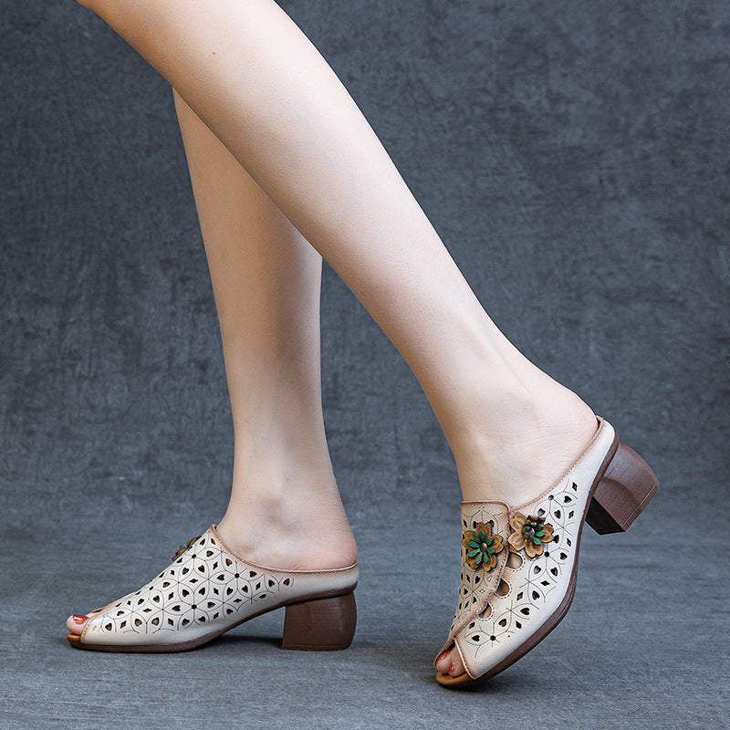 Women's Chunky Top Layer Cowhide Ethnic Style Heels