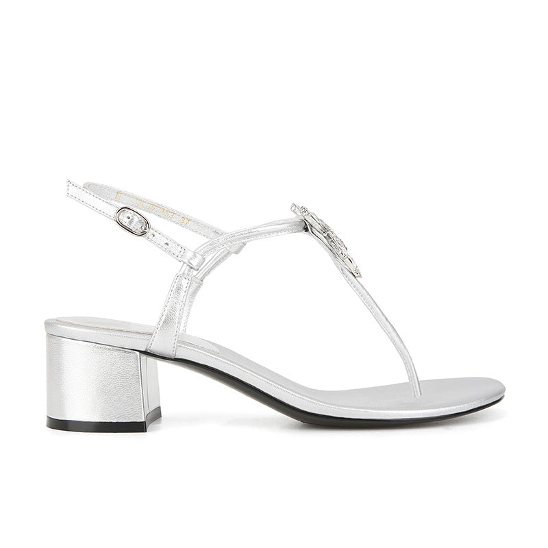 Women's Rhinestone Buckle With Clip Toe Chunky Fashion Heels