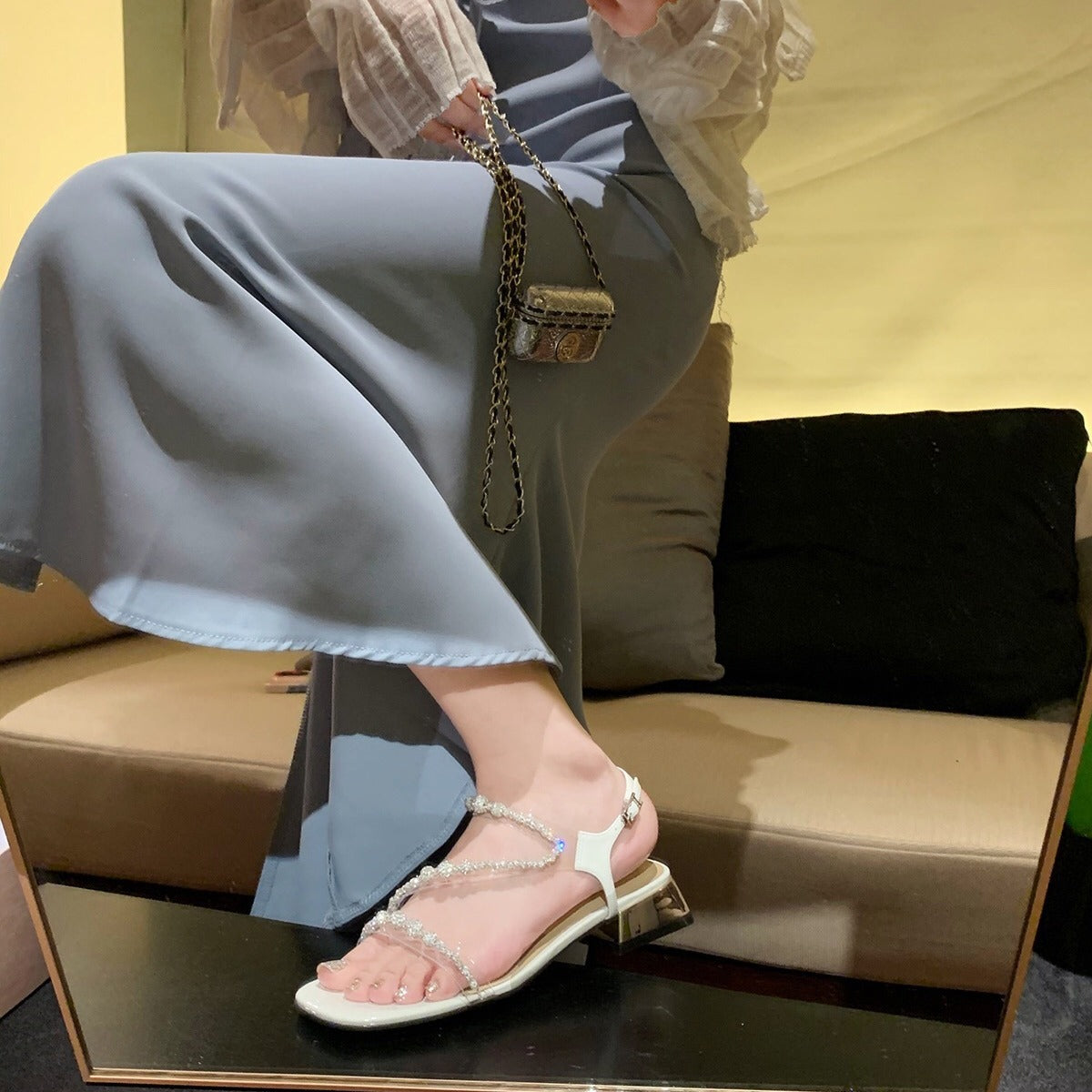 Women's Cute Gold Square Toe Transparent Rhinestone Sandals