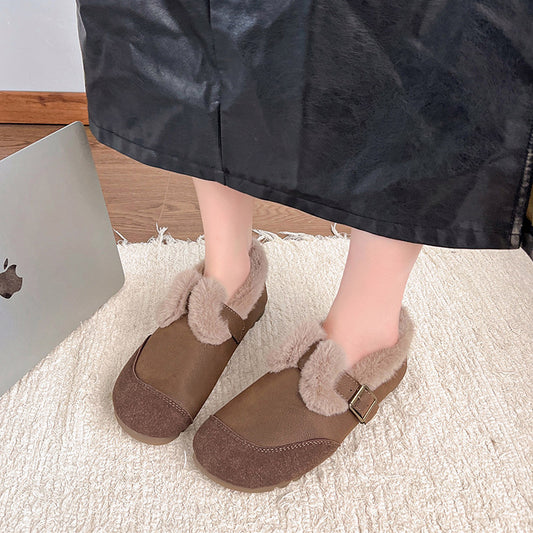 Women's Winter Vintage Fleece-lined Round Toe Flat Bottom Casual Shoes
