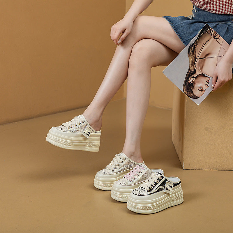 Women's Mesh Breathable Closed Toe Half Summer Outer Wear Thick Bottom Women's Casual Shoes