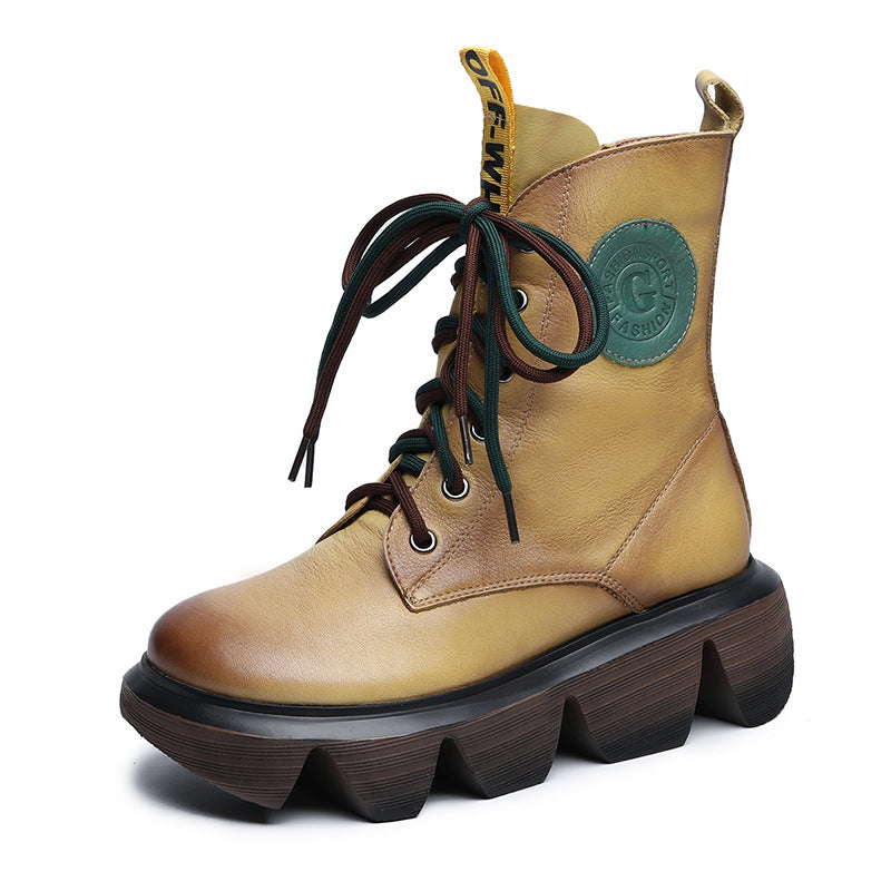 Women's Platform Wedge Booties Versatile Retro Cotton Lace Up Boots