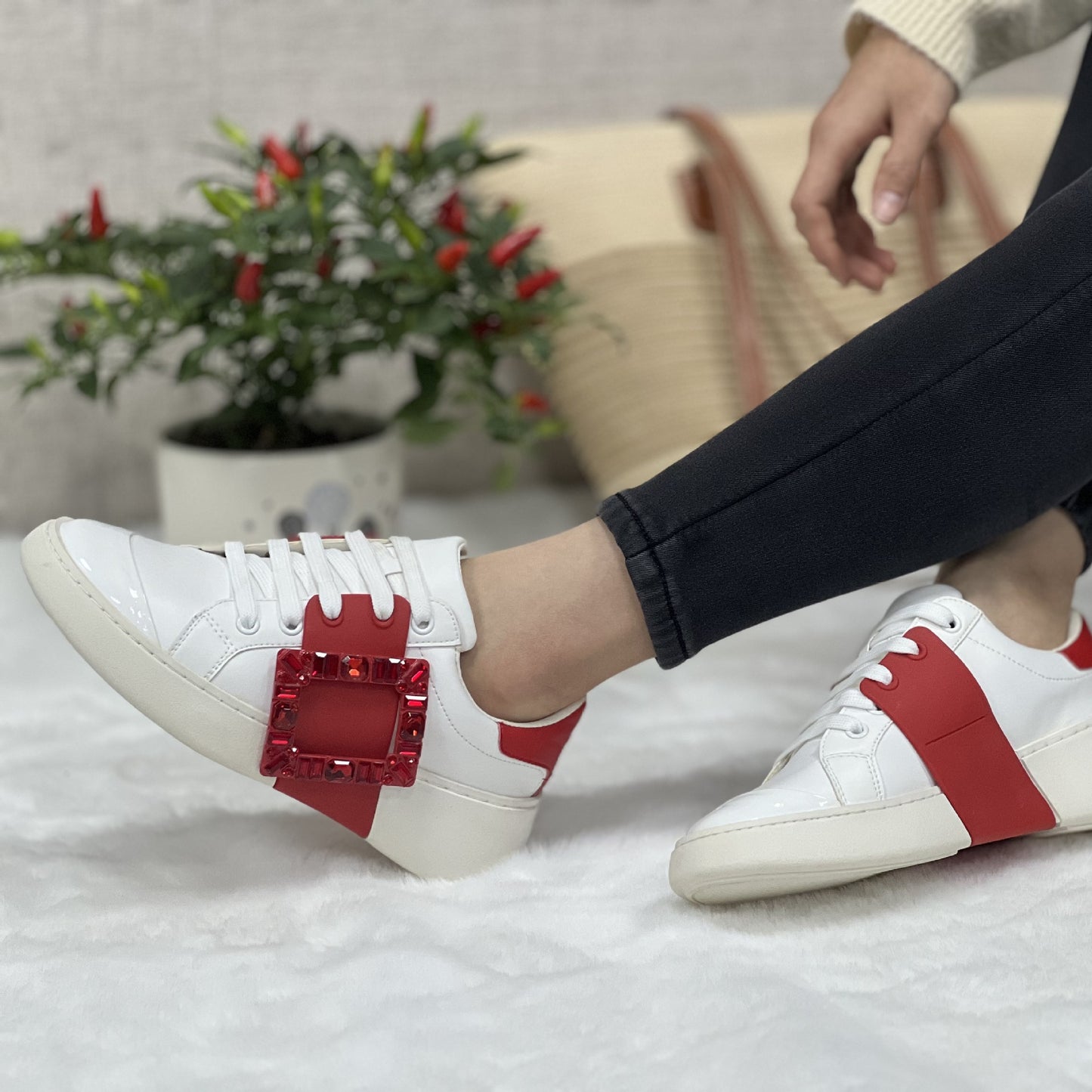Women's Rhinestone Square Buckle White Inner Height Casual Shoes
