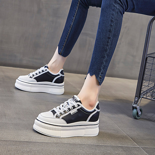 Women's White Summer Black Panda Thick Bottom Height Increasing Sneakers