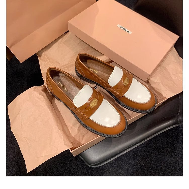 Women's Round Head Thick Bottom Retro Rub Colored Small Gold Loafers