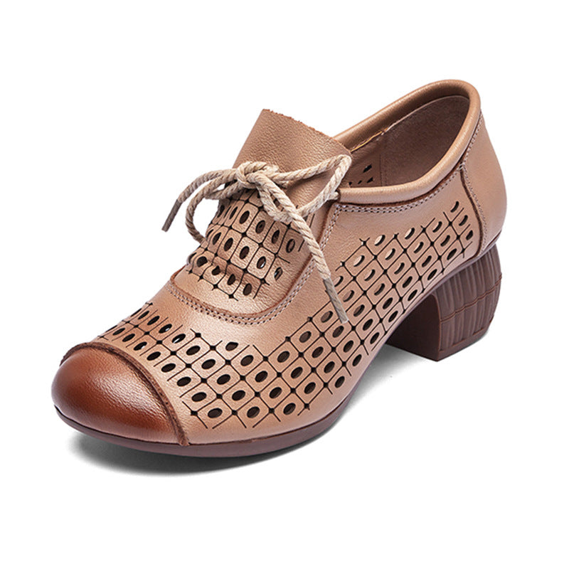 Women's Hollow Breathable First Layer Cowhide High Soft Heels
