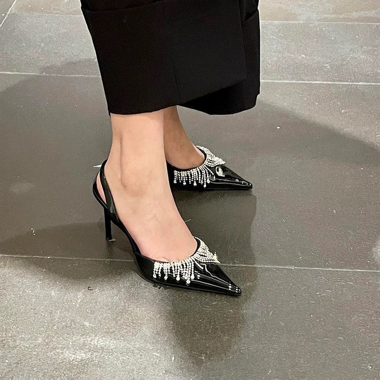 Women's Rhinestone Tassel High Patent Sexy Pointed Heels